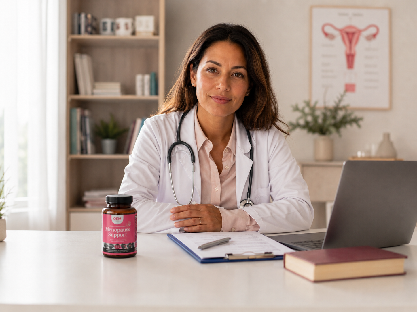 A female doctor sits at a desk in her office with a bottle of Menopause Support supplements.