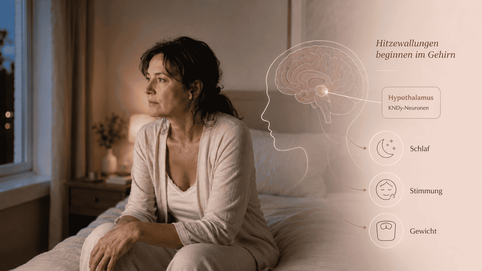 A woman sits on a bed next to an infographic explaining how hot flashes originate in the brain.
