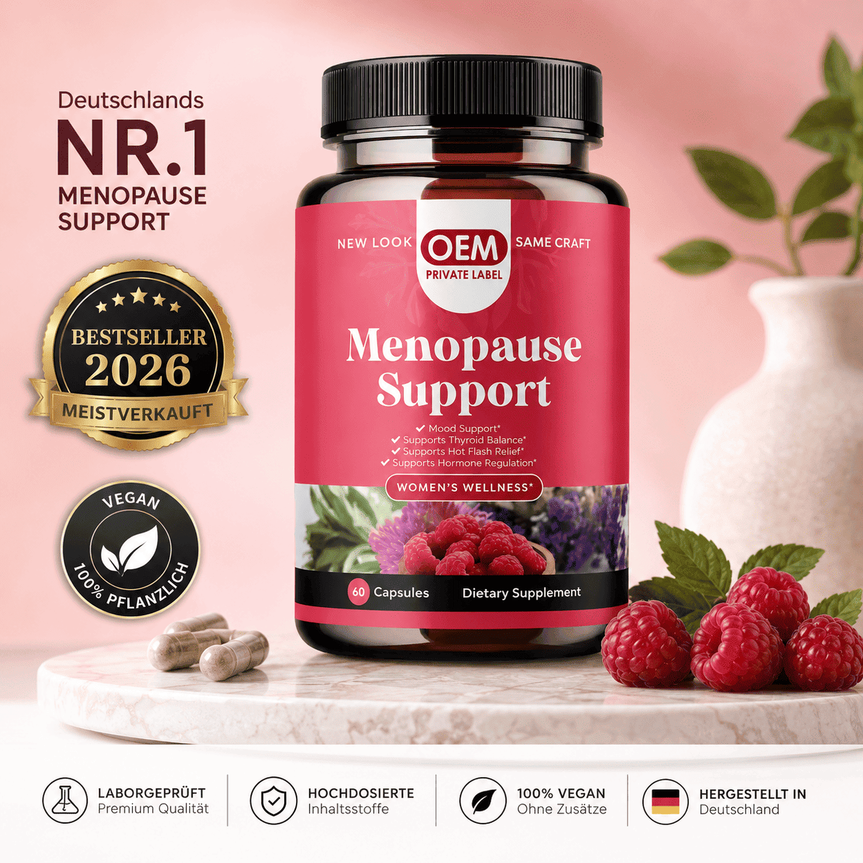 A bottle of Menopause Support dietary supplements sitting on a marble surface next to fresh raspberries and capsules.