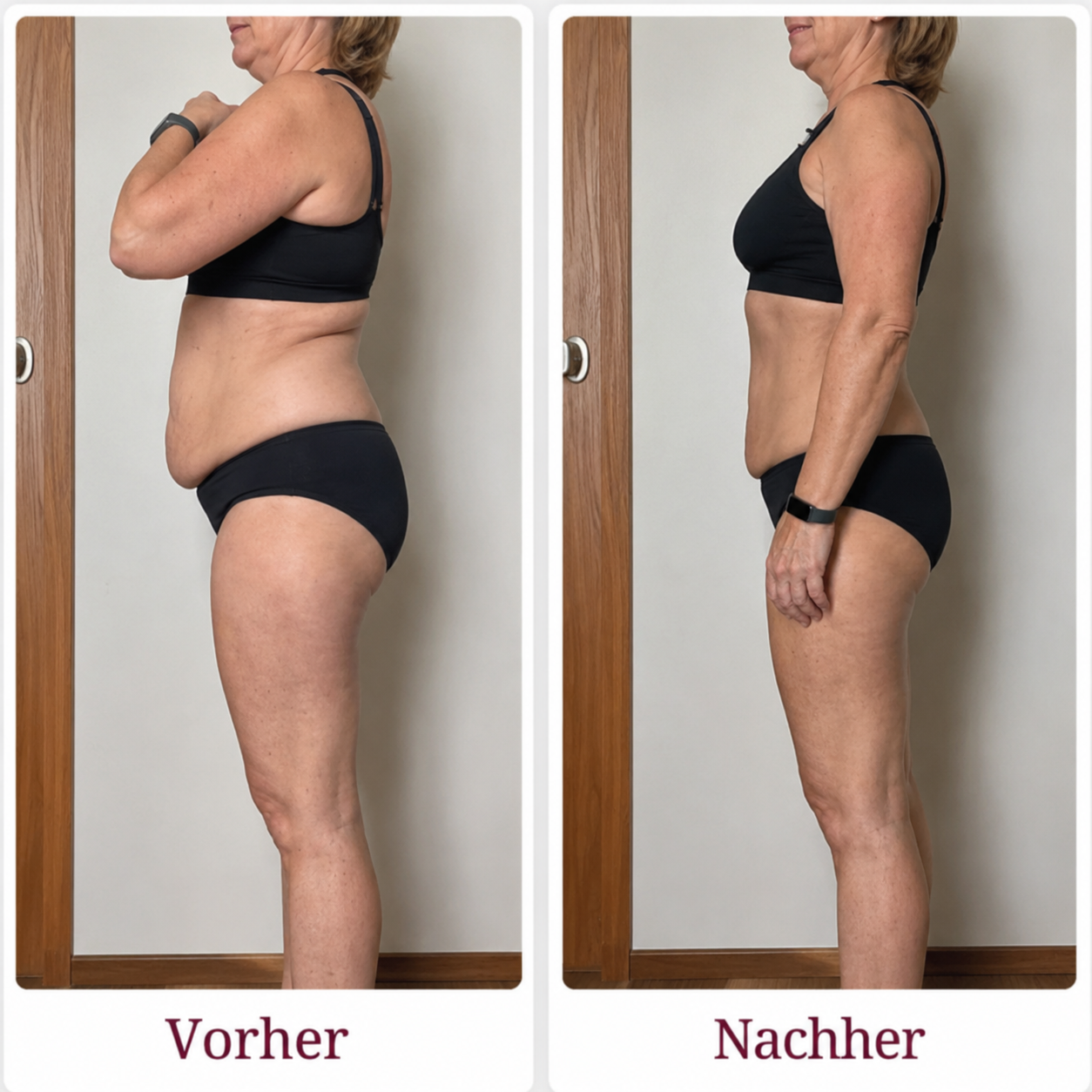 A side-by-side before and after comparison of a woman's body transformation, viewed from the side profile.