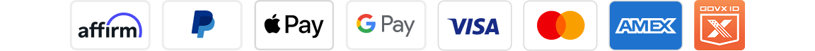 A row of payment option logos including Affirm, Paypal, Apple Pay, Google Pay, Visa, Mastercard, and Amex.