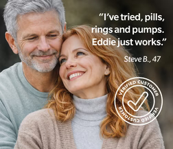 A happy middle-aged couple embracing, with a customer testimonial quote and a 'Verified Customer' seal on the image.