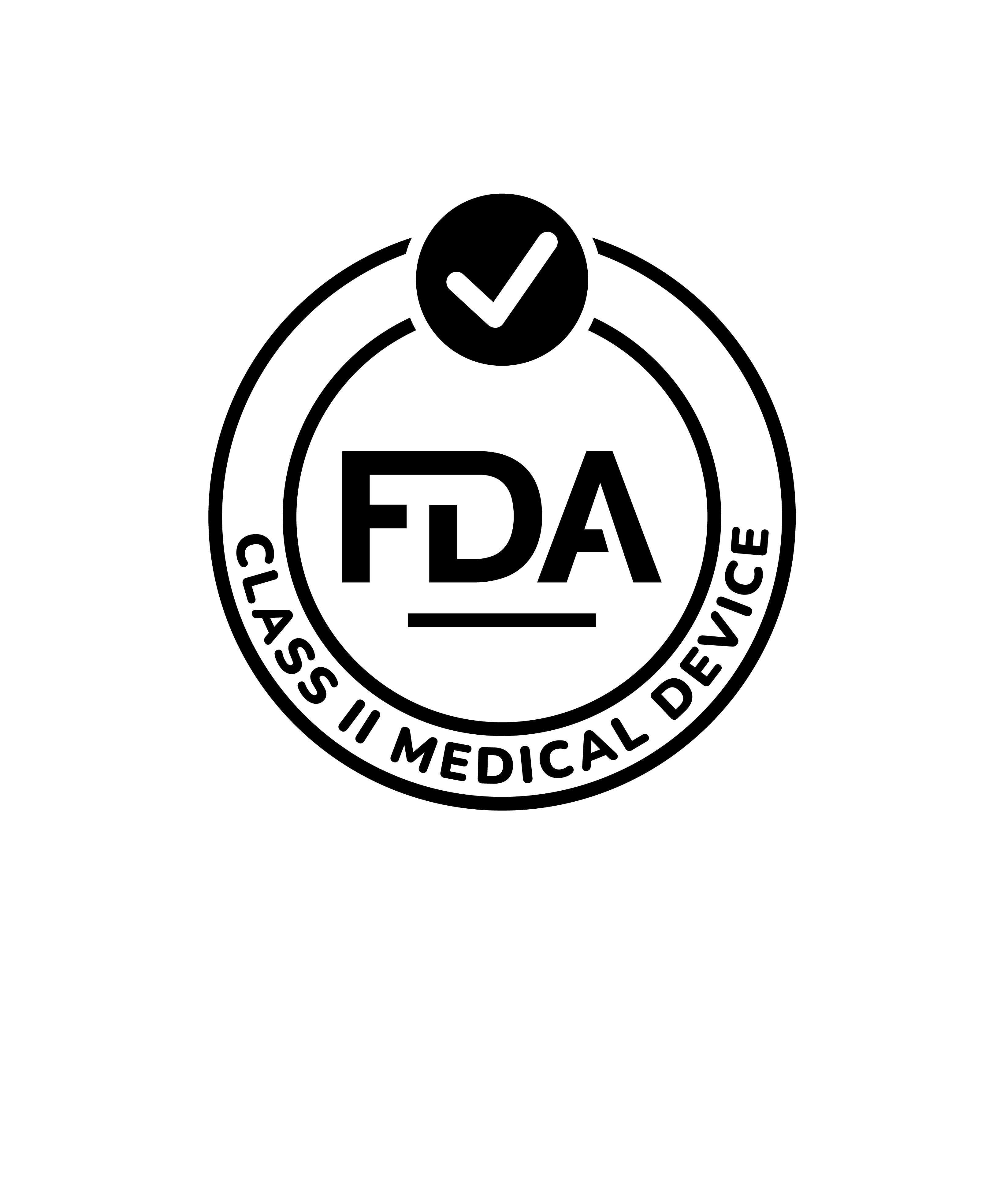 A black and white circular seal for an FDA Class II Medical Device with a checkmark.