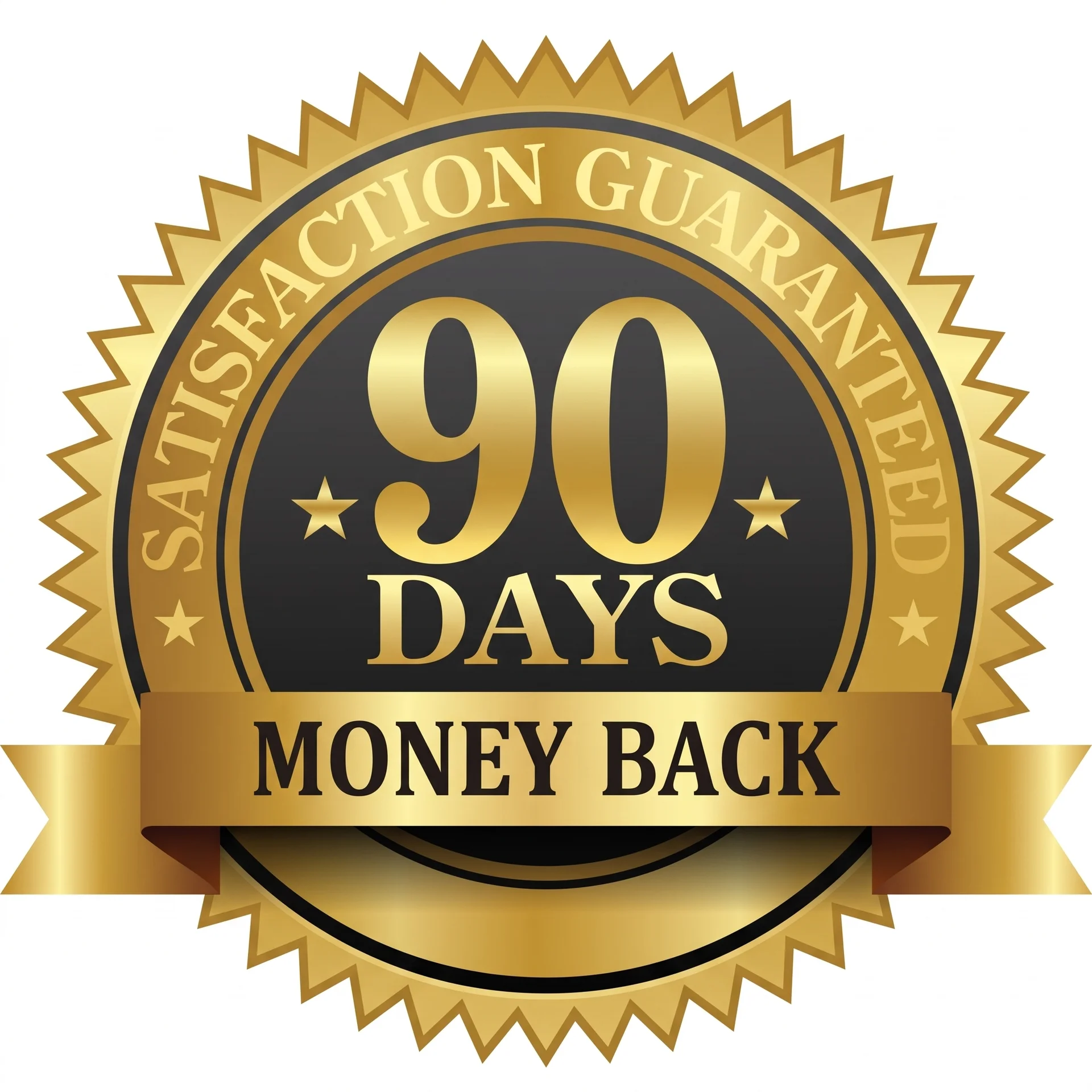 A gold and black seal that reads: 90 Days Money Back, Satisfaction Guaranteed.