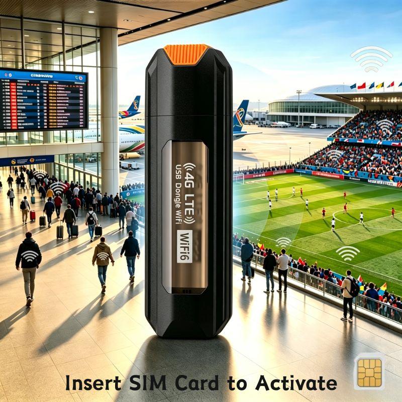 A 4G LTE WiFi dongle superimposed over a composite image of an airport and a soccer stadium.