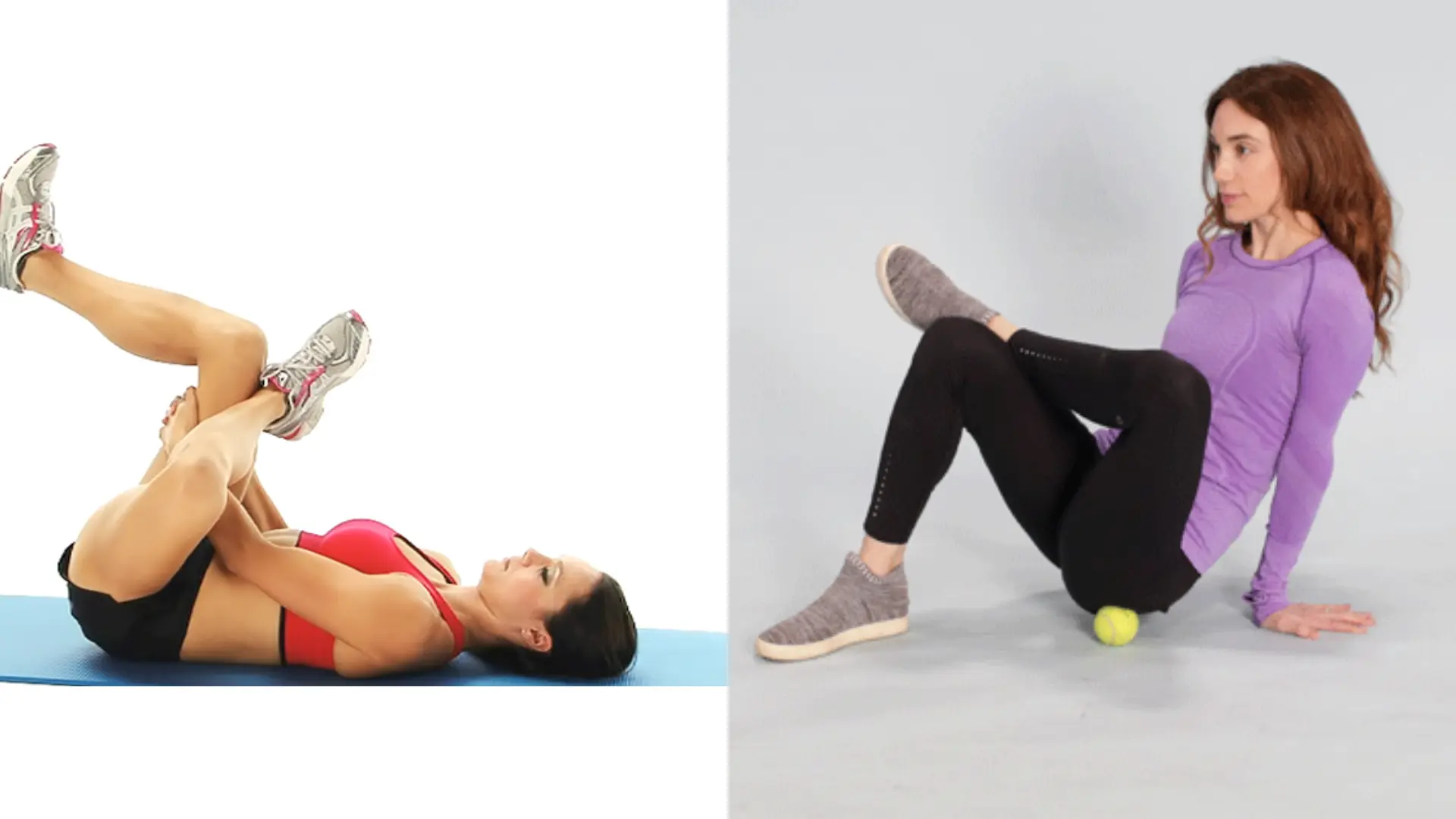 A side-by-side comparison of two women doing glute stretches, one on a mat and one with a tennis ball.