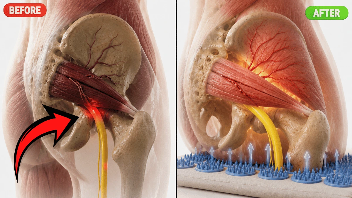Anatomical diagram showing an acupressure mat relieving sciatic nerve compression in the hip before and after use.