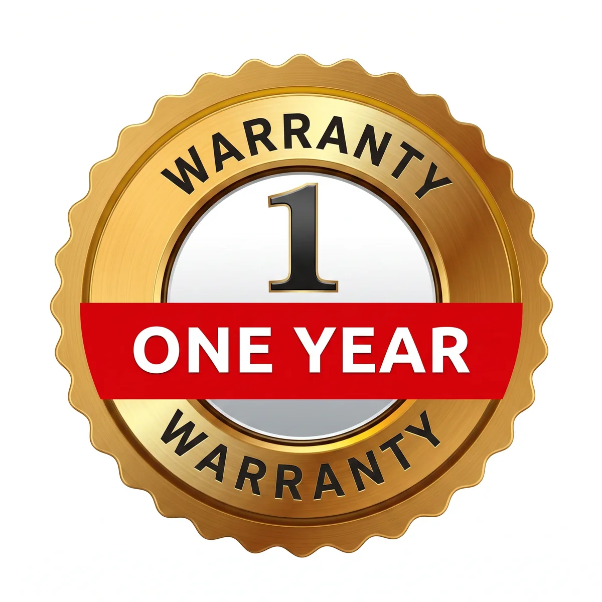 A gold seal graphic that reads '1 One Year Warranty'.