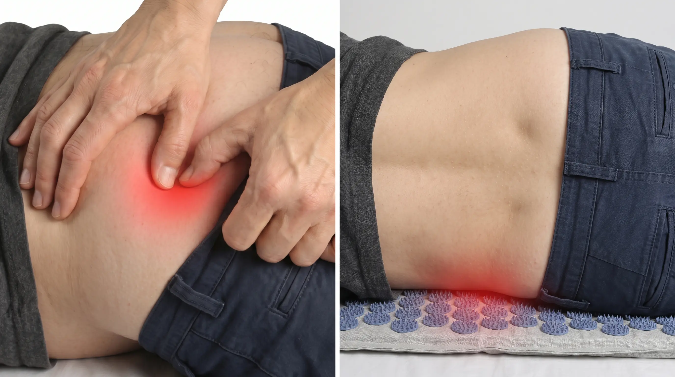 A diptych showing a person pressing a painful lower back and then lying on an acupressure mat.