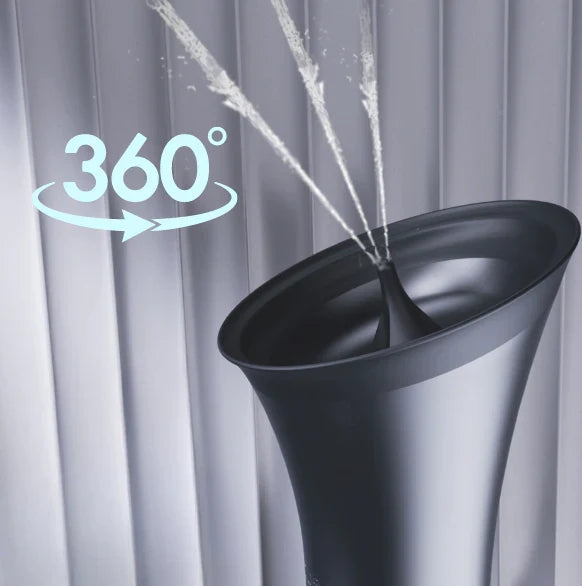 A dark gray device sprays three streams of water upwards, with a '360°' graphic to the side.