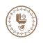 A circular brown logo with a decorative wreath border, containing a stylized toilet and leaf icon.
