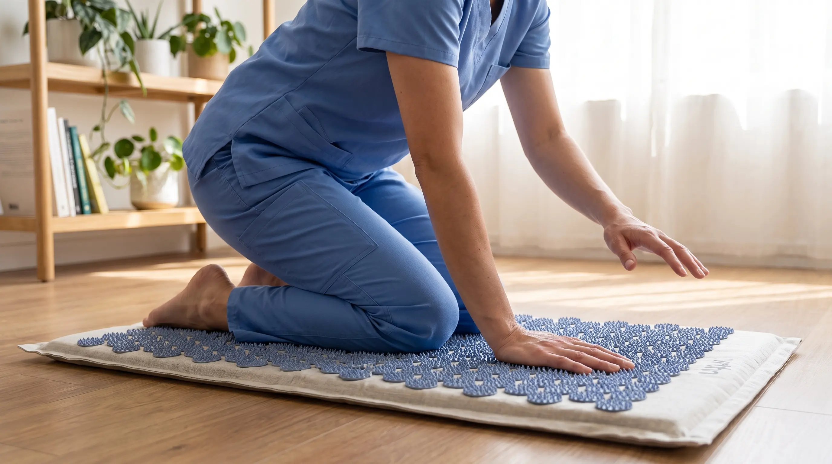 A person in blue scrubs kneels on a wooden floor, placing their hands on a blue acupressure mat.