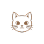 A simple, brown line-drawing of a cute cat's face on a white background.
