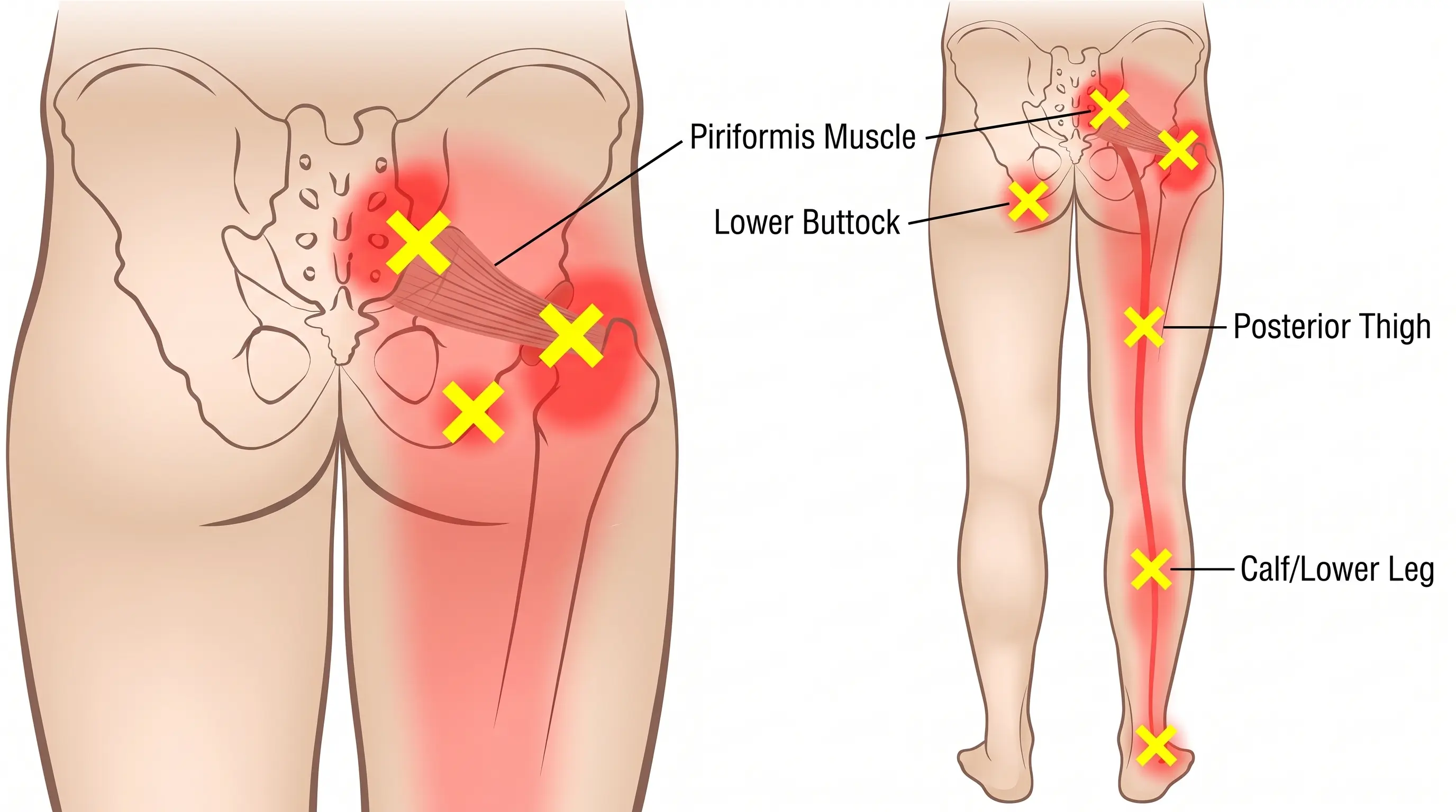 Medical diagram illustrating the piriformis muscle and related pain areas in the buttock and down the leg.