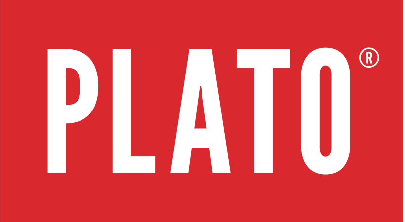 White text 'PLATO' on a red background.