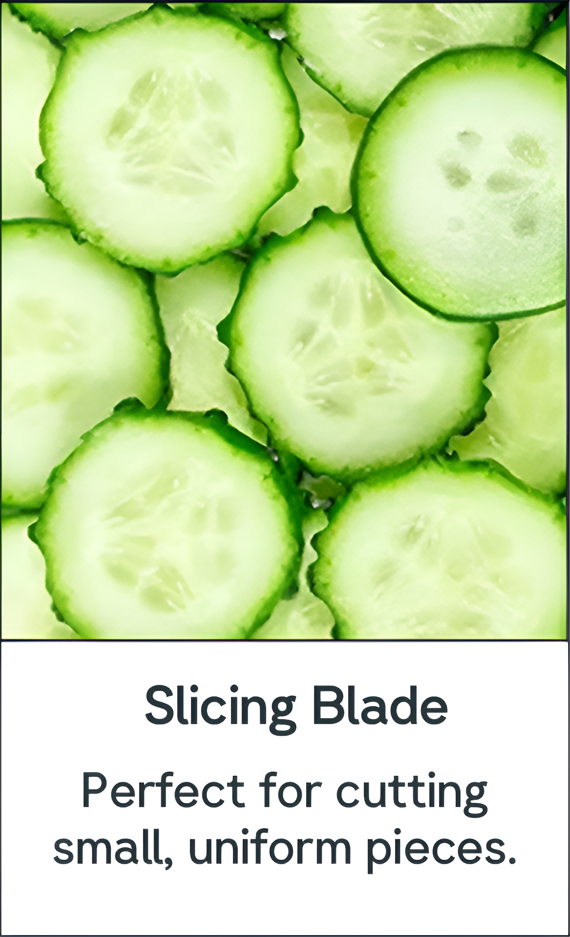 Slices of cucumber with text promoting a slicing blade.