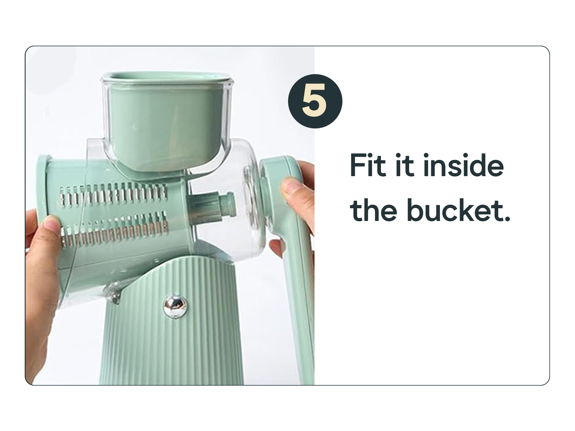 Hand assembling a green kitchen appliance with text instruction.