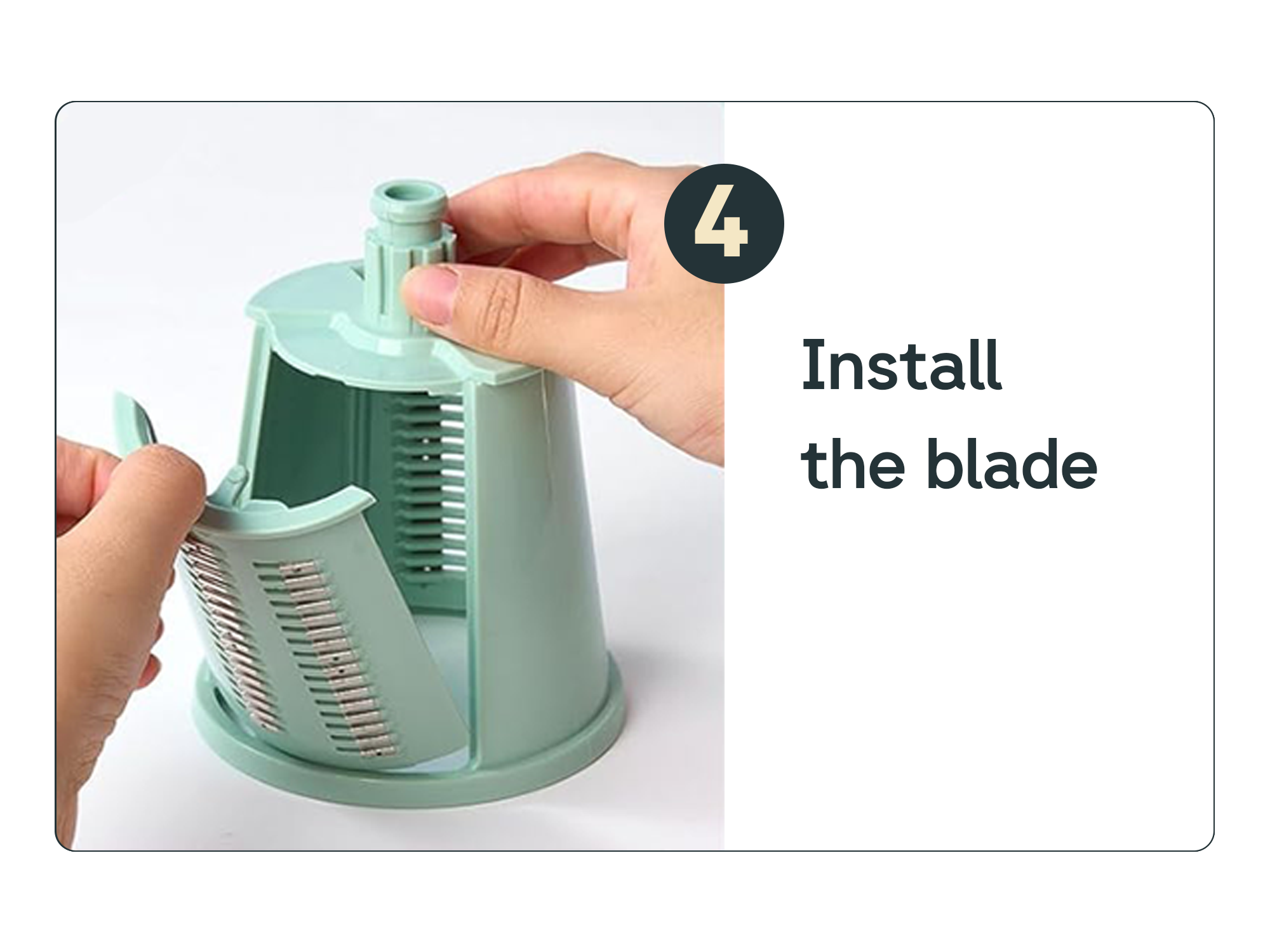Hand assembling a spiralizer blade, step 4 instructions visible.