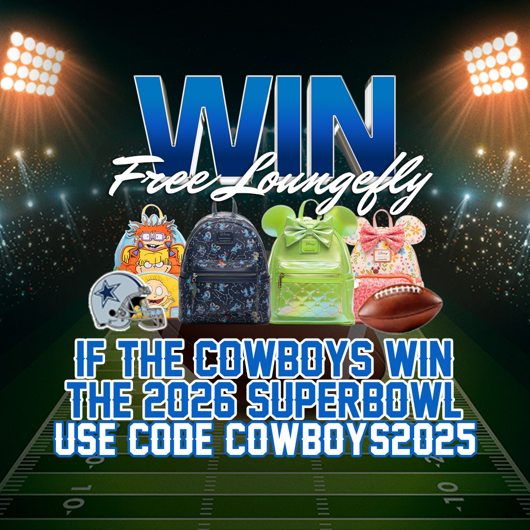 Promotional image with backpacks, football, and text about winning Loungefly if Cowboys win 2026 Superbowl.