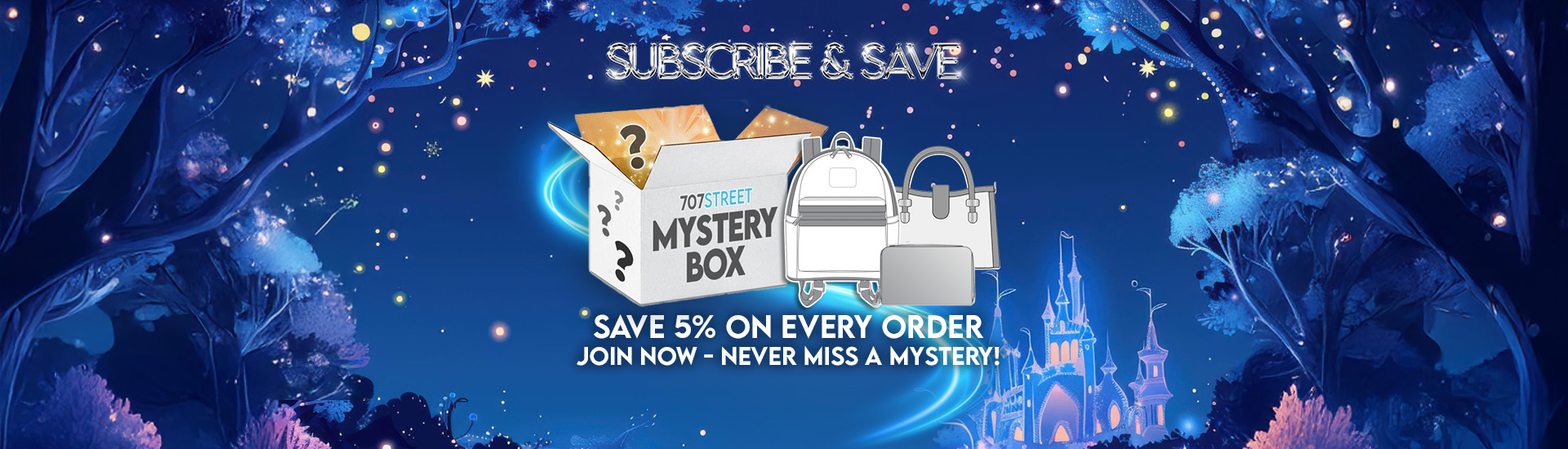 Mystery box and bags with a magical forest background, promoting a subscription offer.