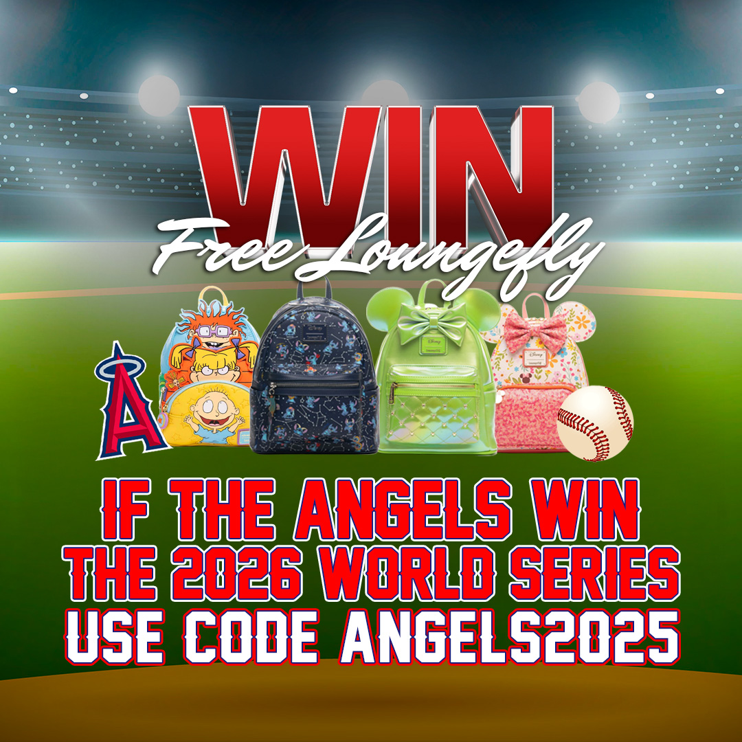 Promotional image for winning Loungefly bags if Angels win 2026 World Series.