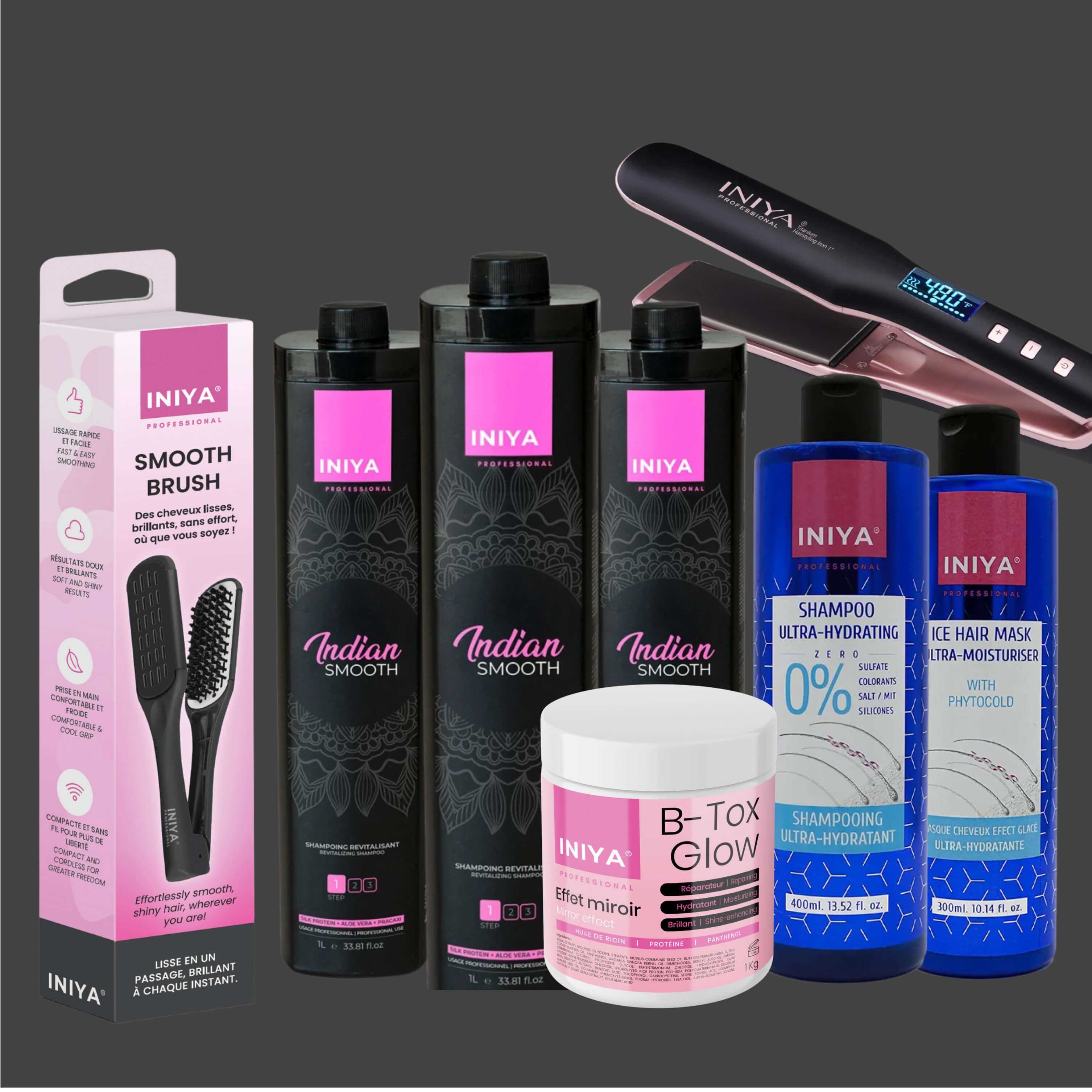 Various INIYA hair care products, including shampoos, a smooth brush, mask, and straightener on display.