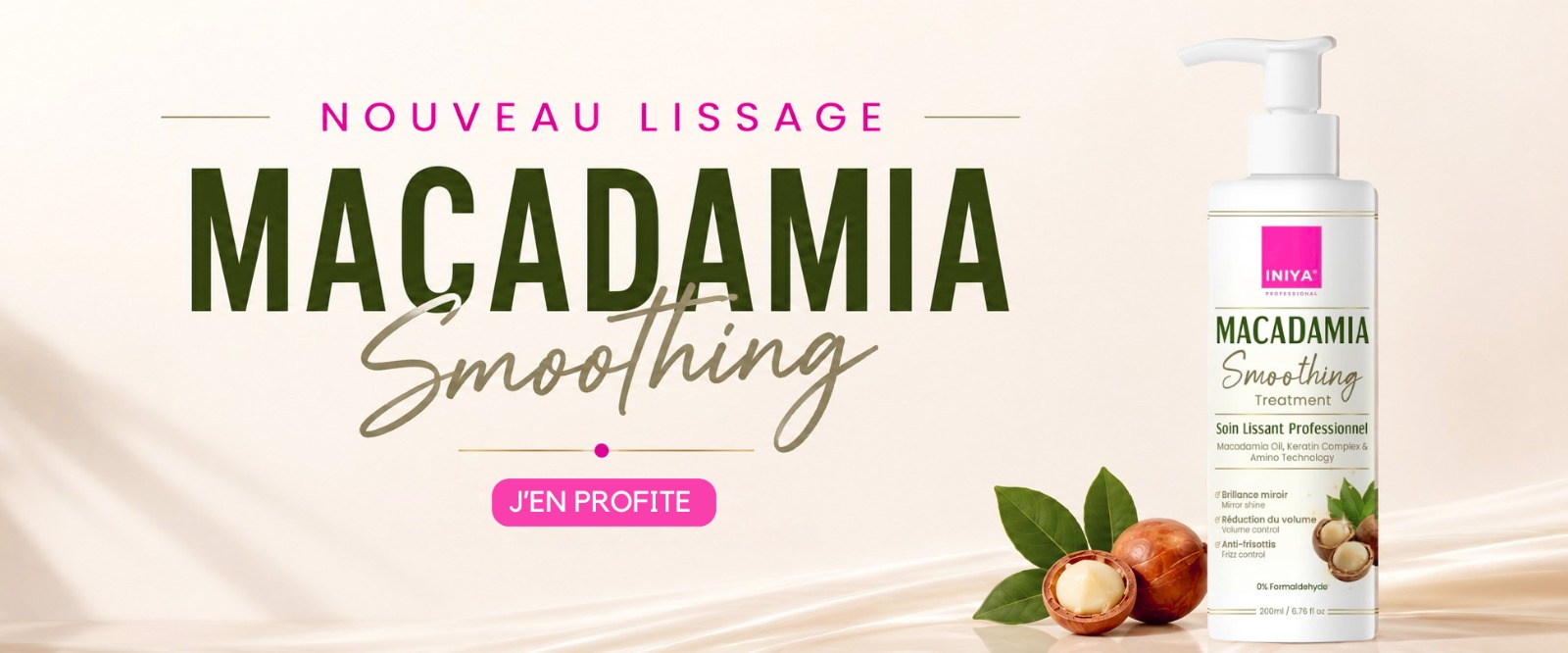 Promotional banner for Macadamia Smoothing Treatment, showing the bottle next to fresh macadamia nuts.