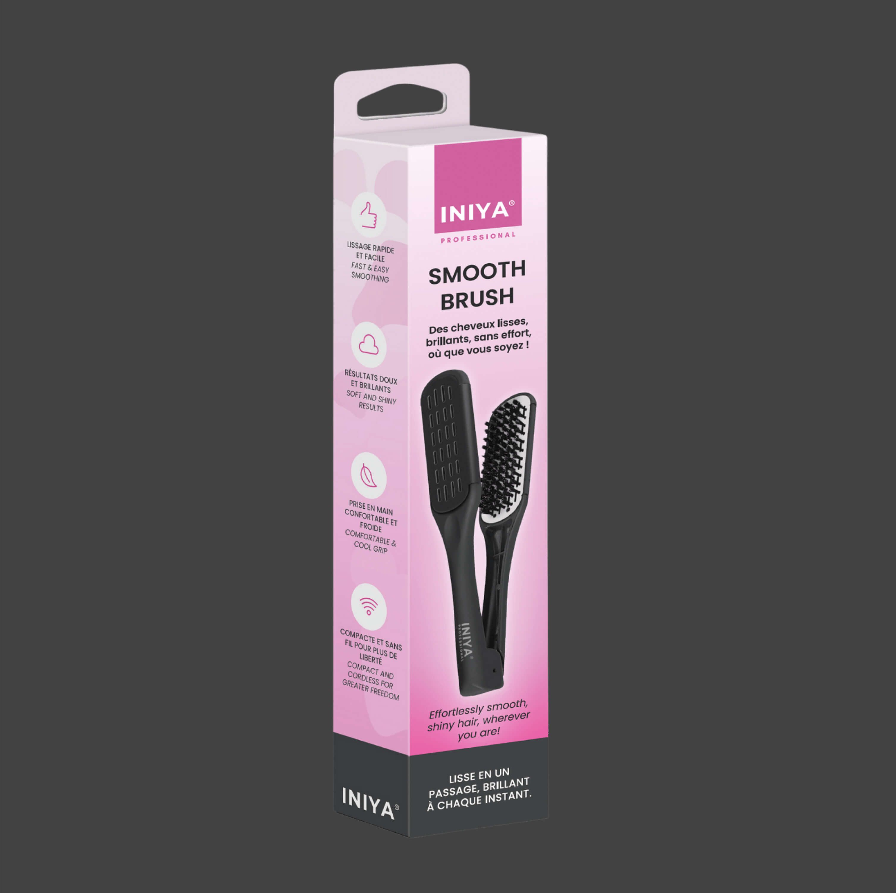 A pink and black box packaging for a hairbrush labeled 'Smooth Brush'.