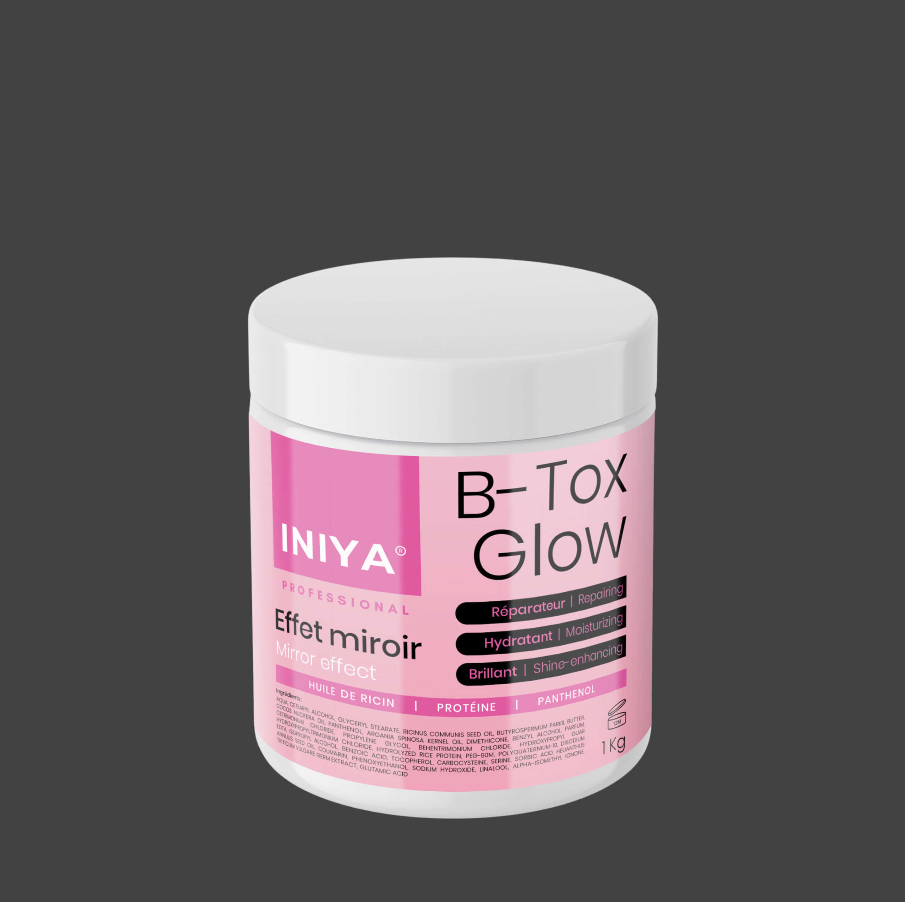 Pink and white jar labeled 'B-Tox Glow' on a gray background.