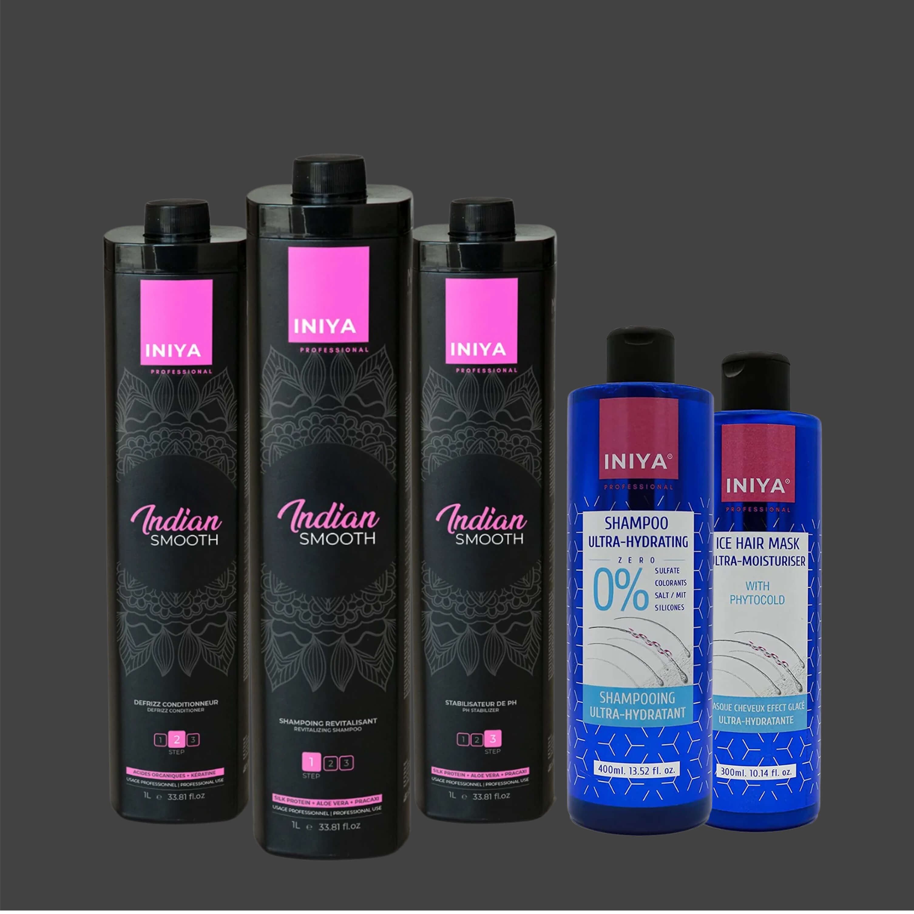 Five bottles of hair products with 'INIYA' branding, in black and blue packaging.