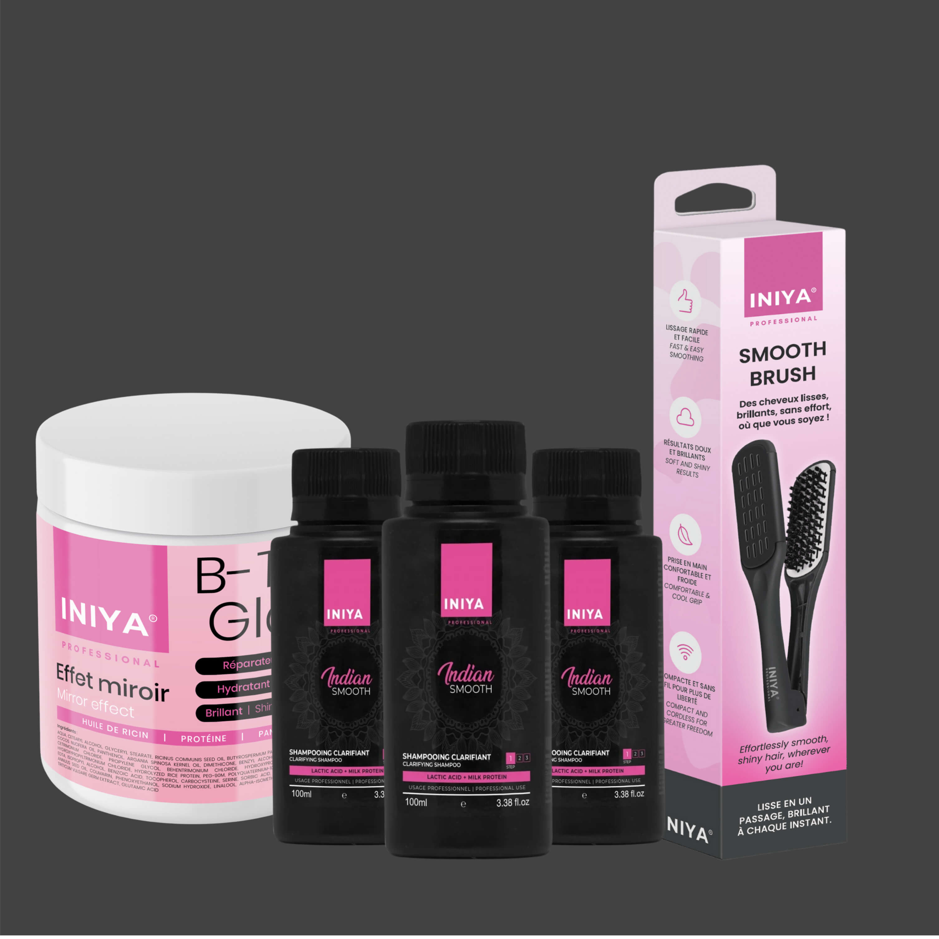 Hair product set including jar, bottles, and smooth brush packaging.