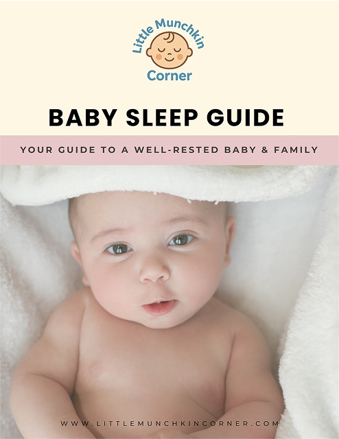 Baby under a white blanket with 'Baby Sleep Guide' text above.