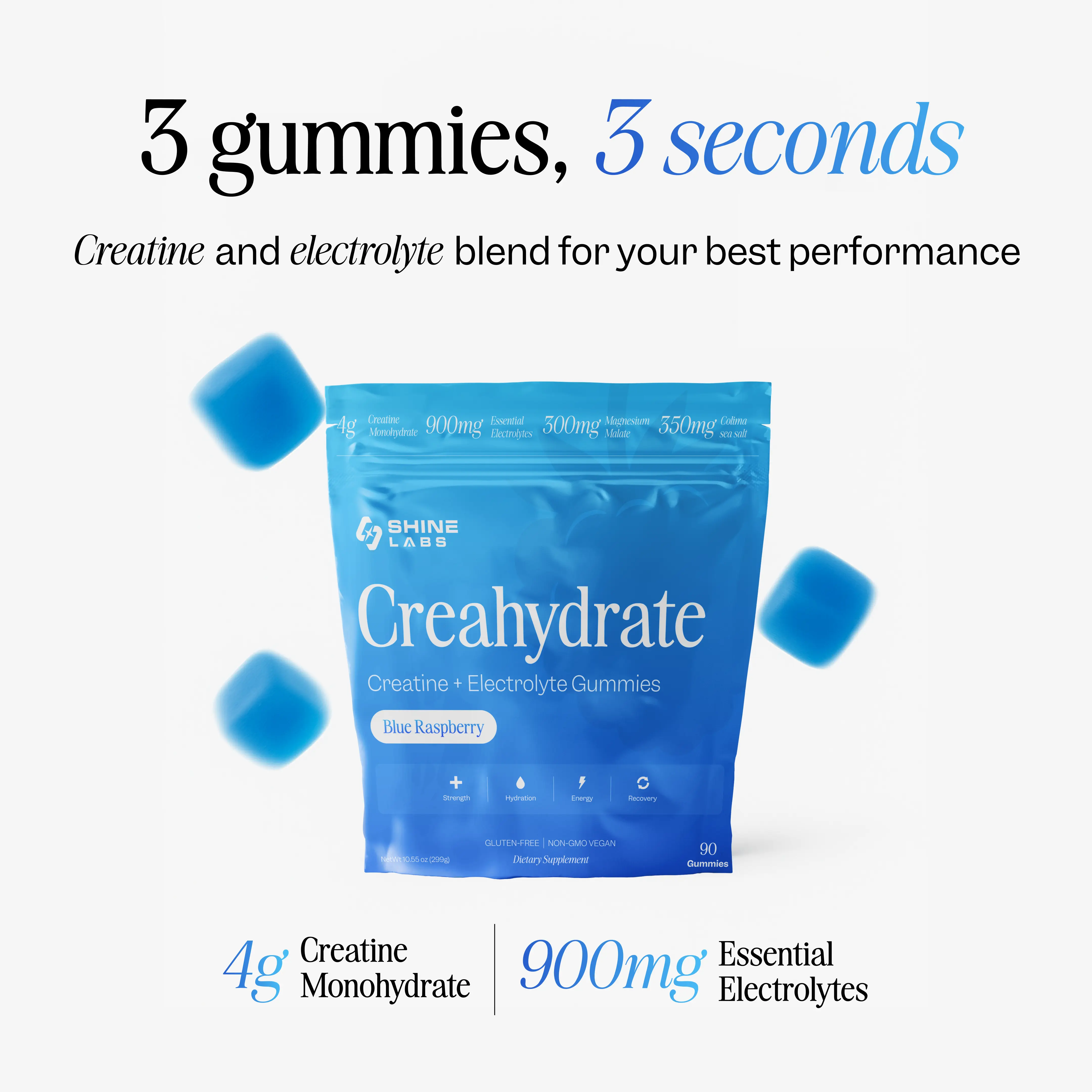 Blue raspberry creatine and electrolyte gummies package with floating gummies.