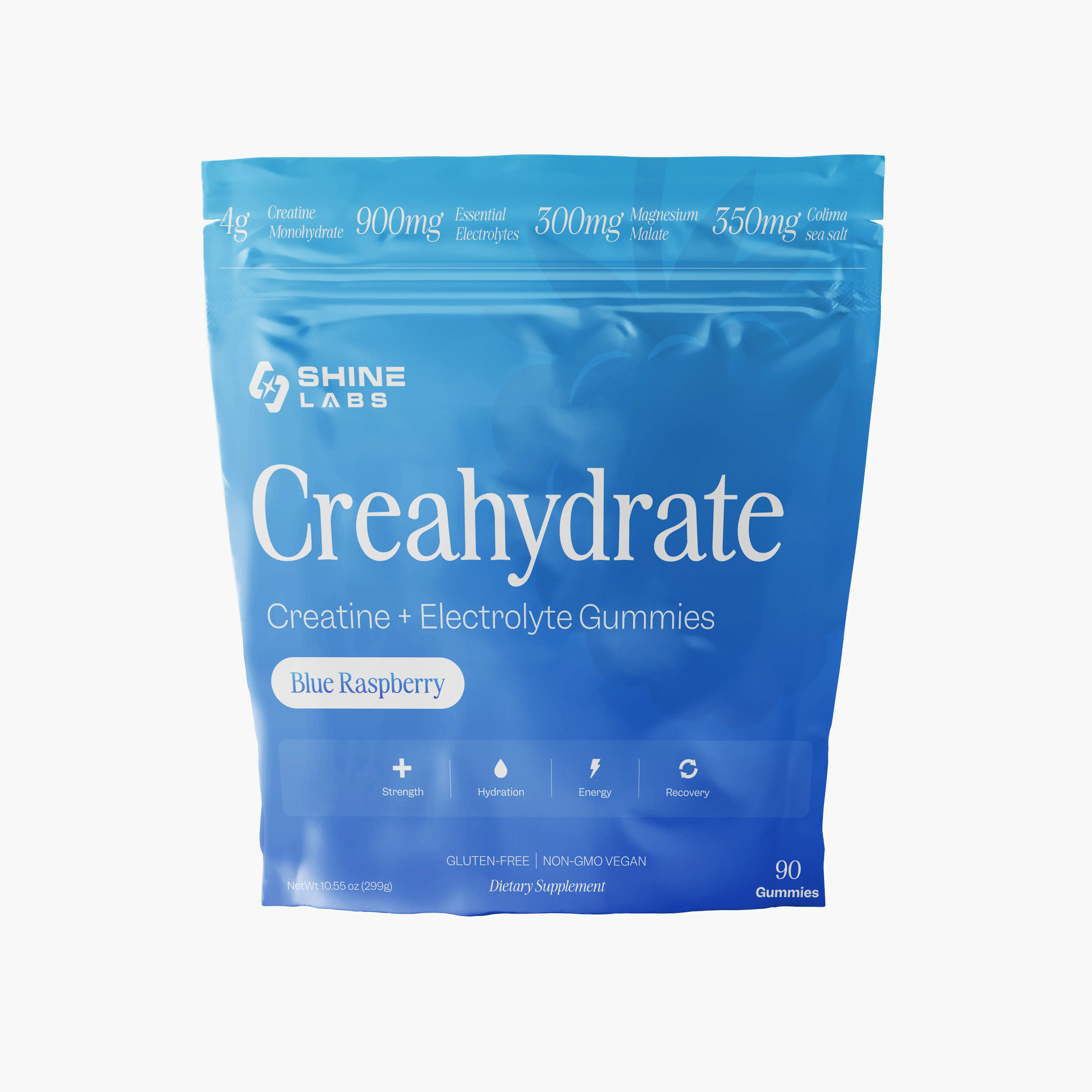 Blue bag of Creahydrate creatine gummies, blue raspberry flavor.