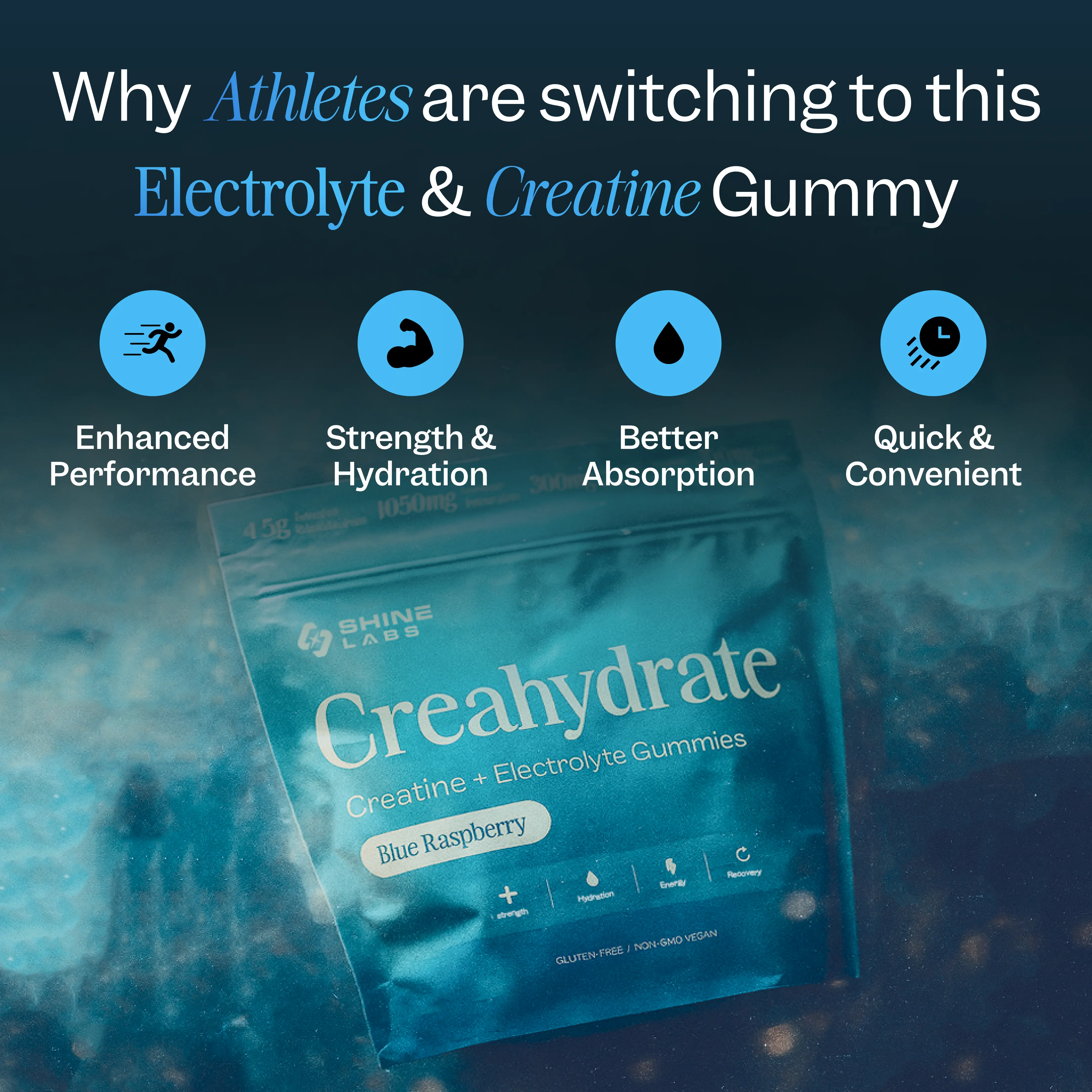 Promotional image for Creahydrate creatine and electrolyte gummies.