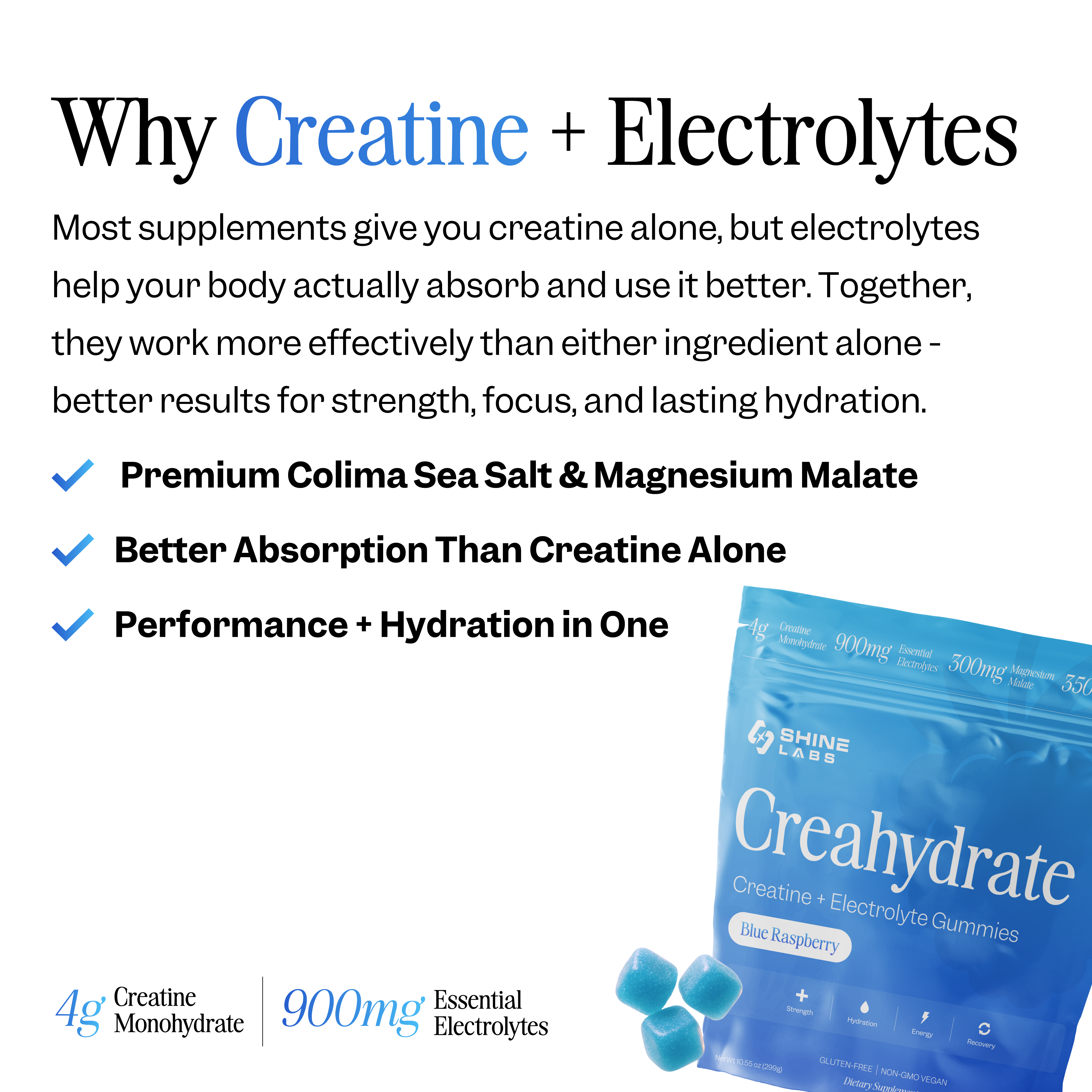 Advertisement for creatine and electrolyte gummies with benefits and product packaging.