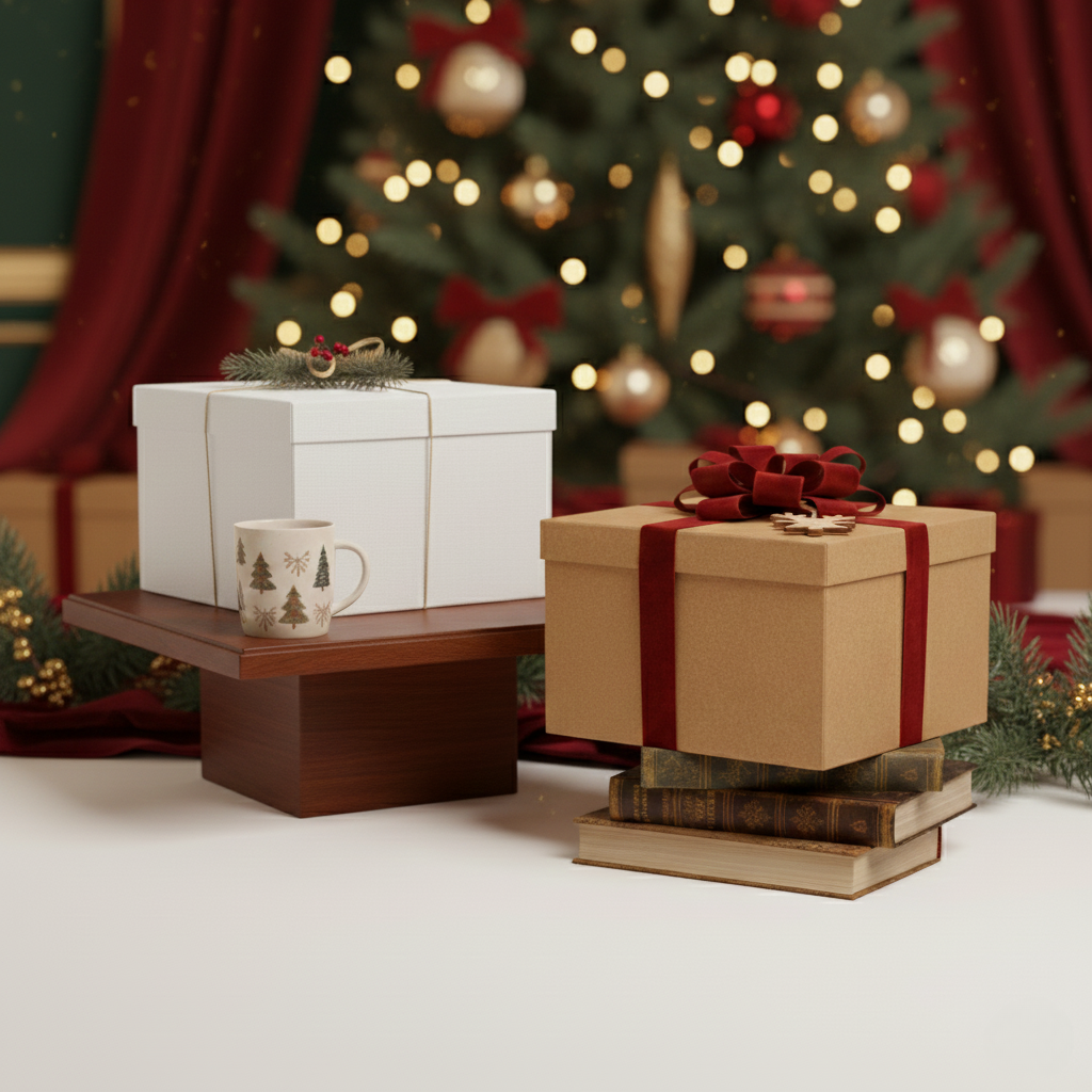 Gift boxes and a mug on a table, Christmas tree in background.