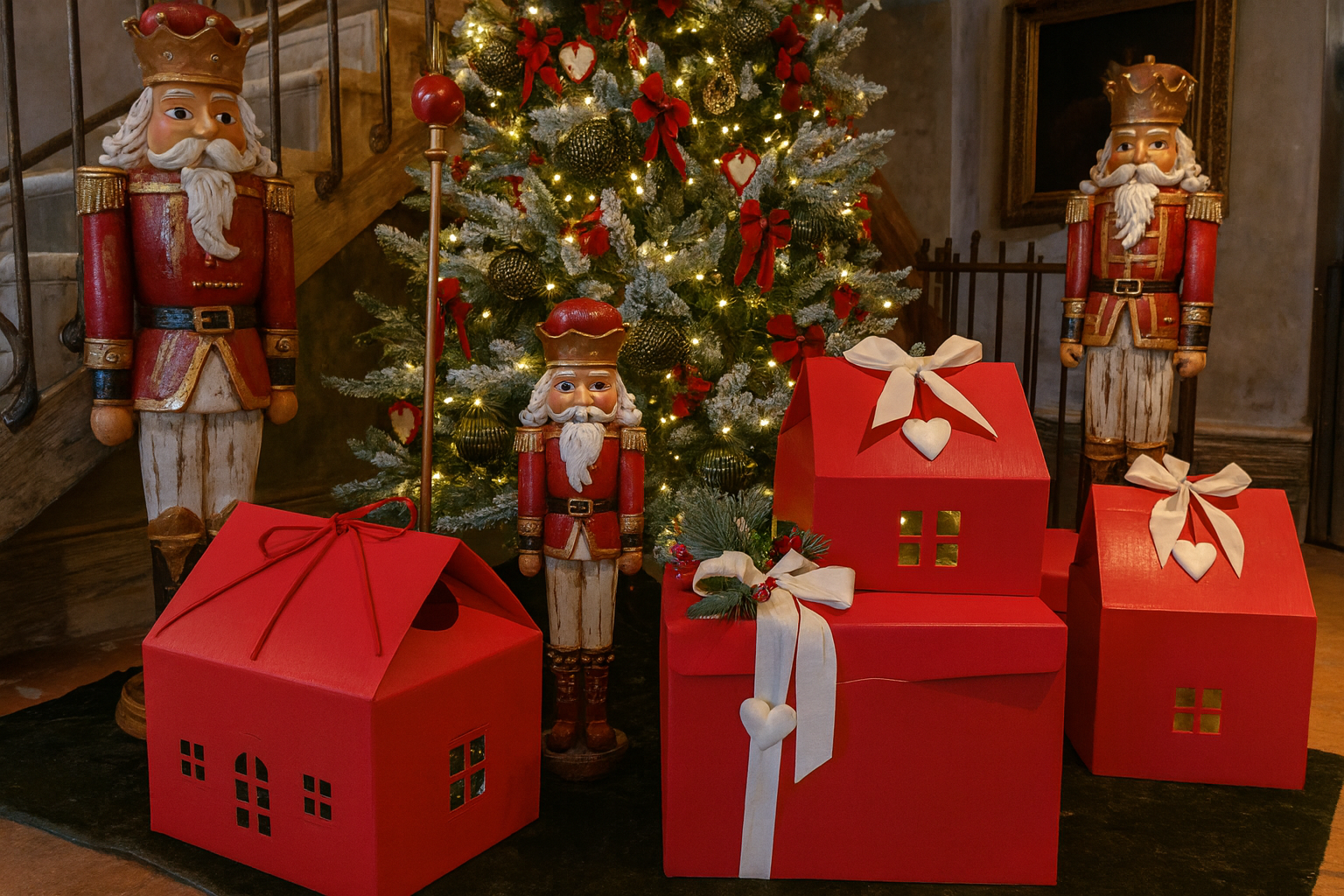 Christmas tree with nutcrackers and red gift boxes.
