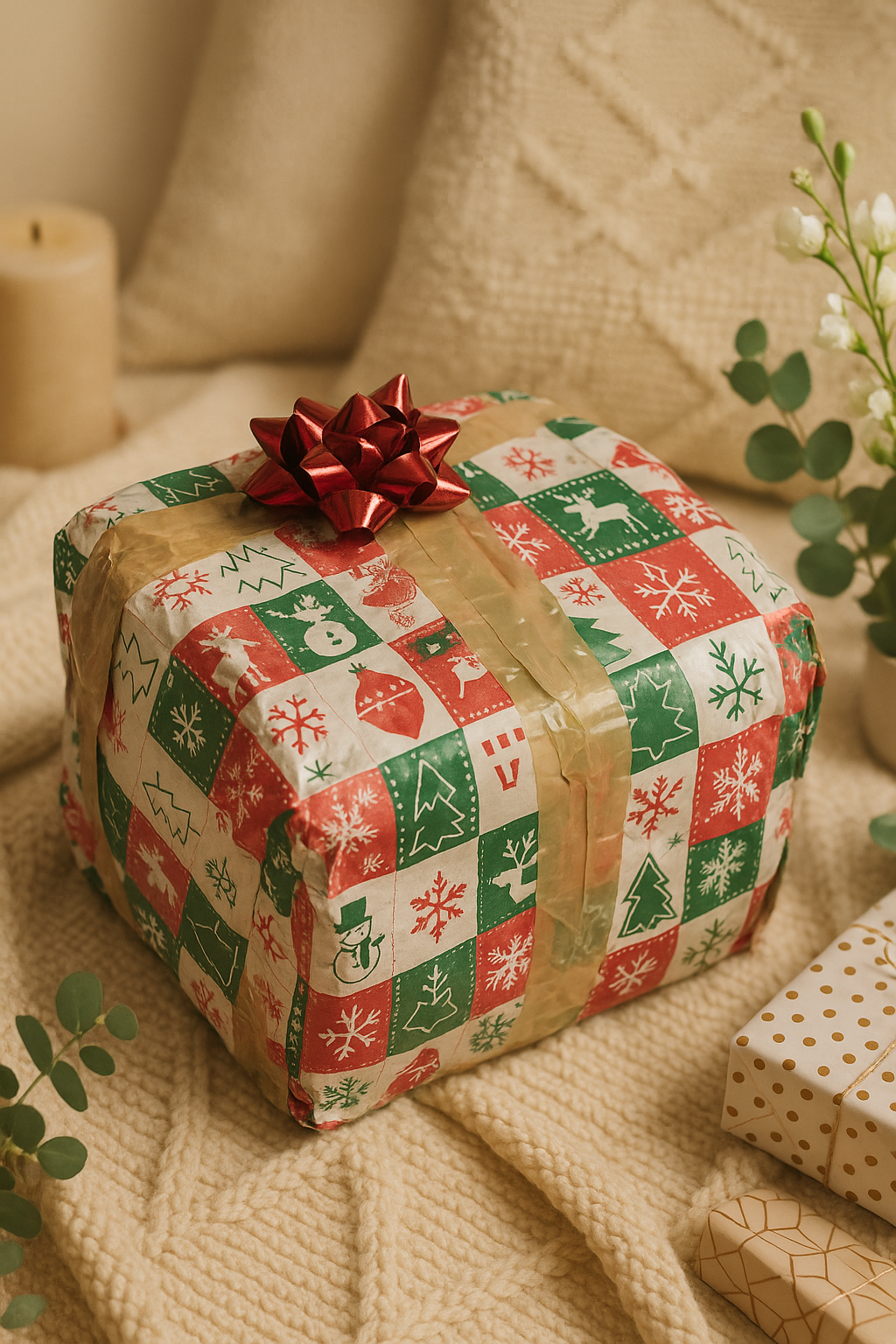 Gift wrapped in festive paper with red bow on a knitted blanket.