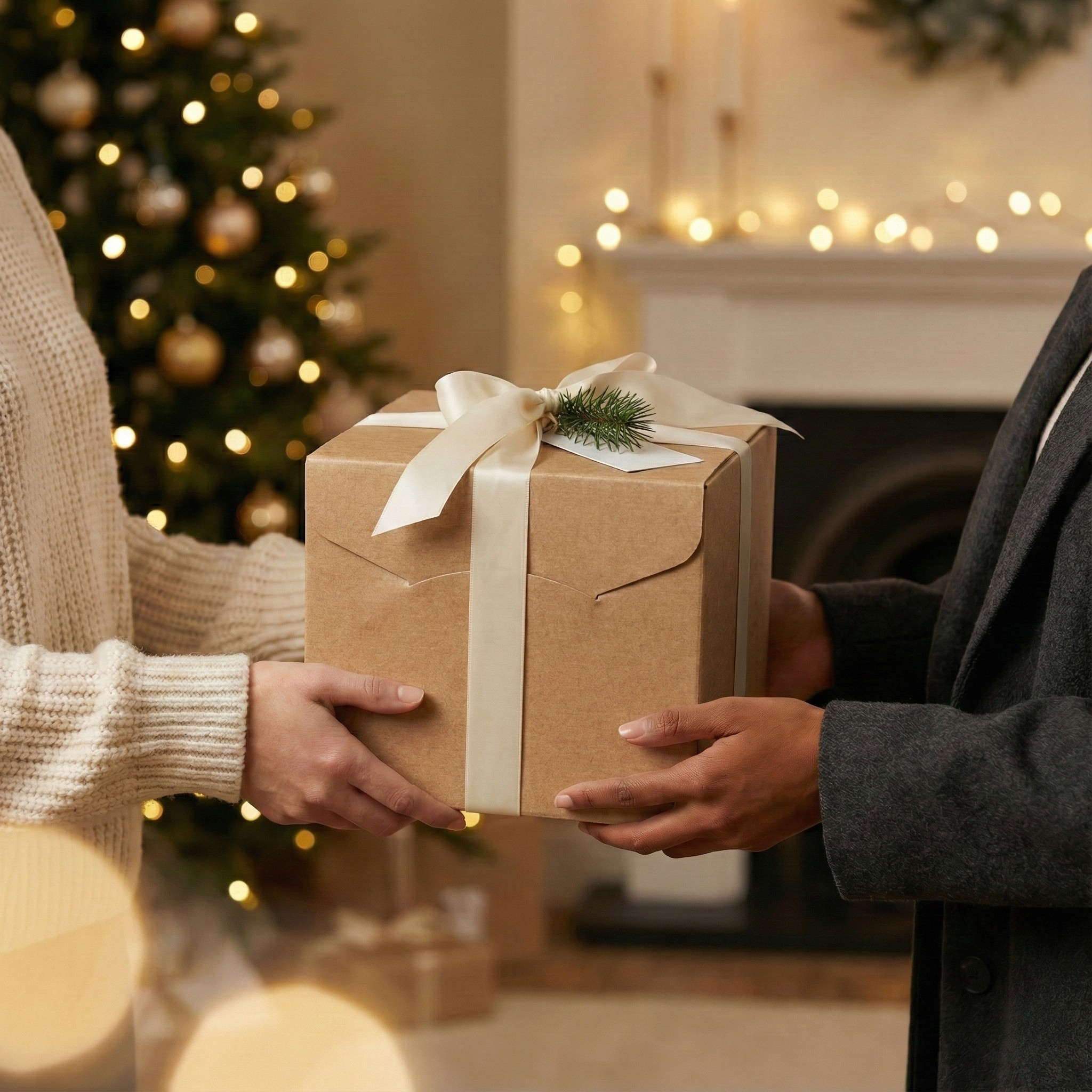 Two people exchanging a wrapped gift in front of a decorated Christmas tree.