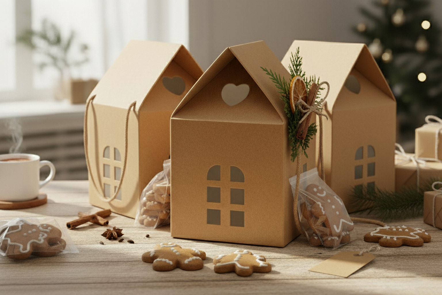 Cardboard boxes shaped like houses, gingerbread cookies, and a cup of coffee on a table.