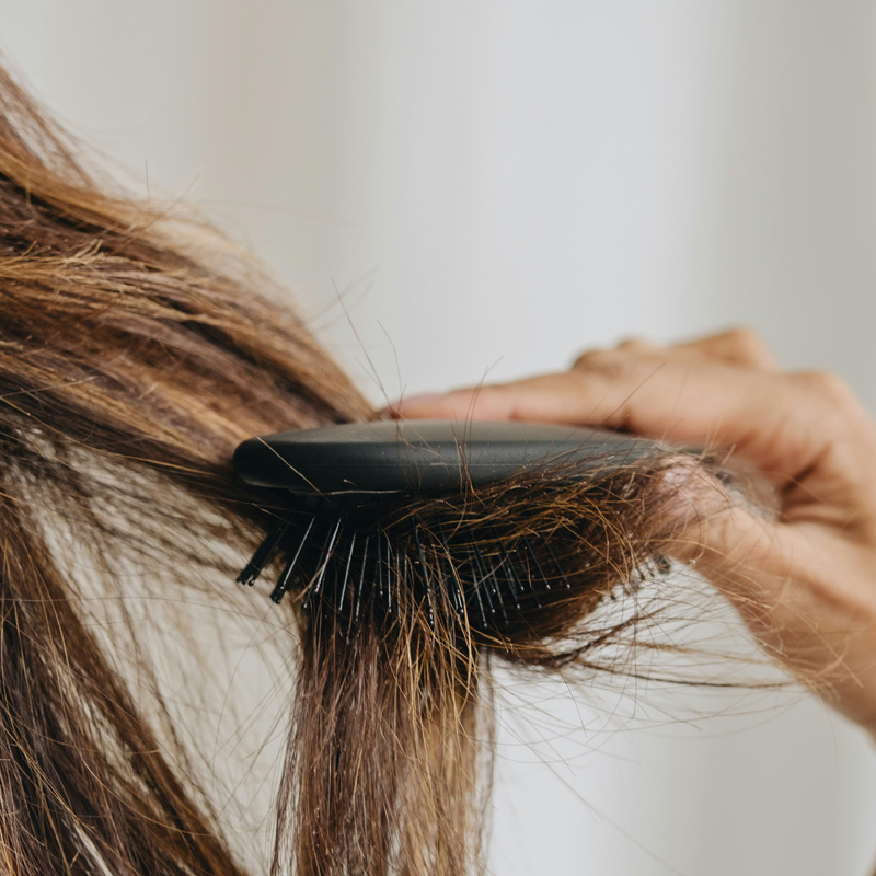 Person brushing brown hair with a black hairbrush.