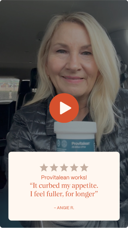 Woman holding a Provitalean bottle with a testimonial overlay.