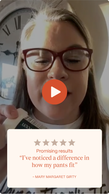 Person holding a product with a play button overlay and a testimonial below.