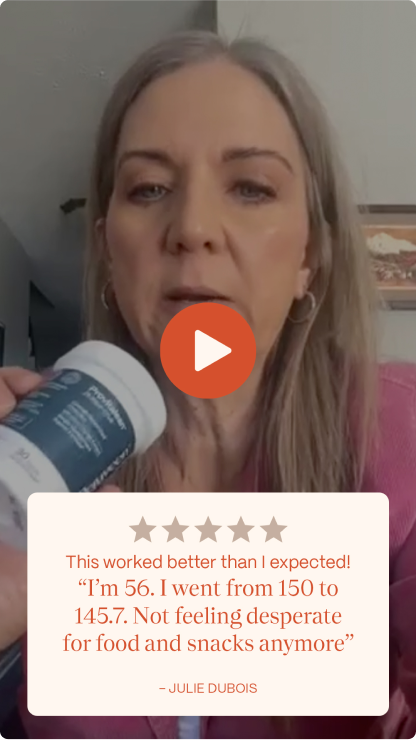 Woman holding a product with a play button overlay and a testimonial below.