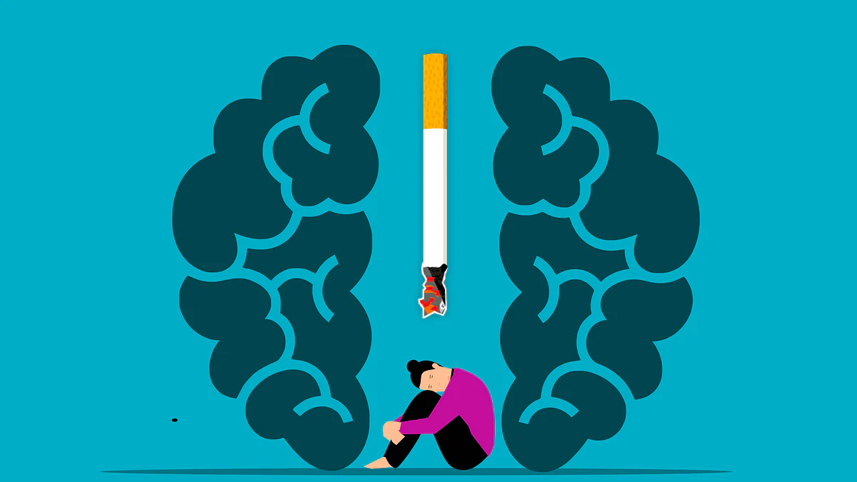 Illustration of a person under a large cigarette shaped like a brain.