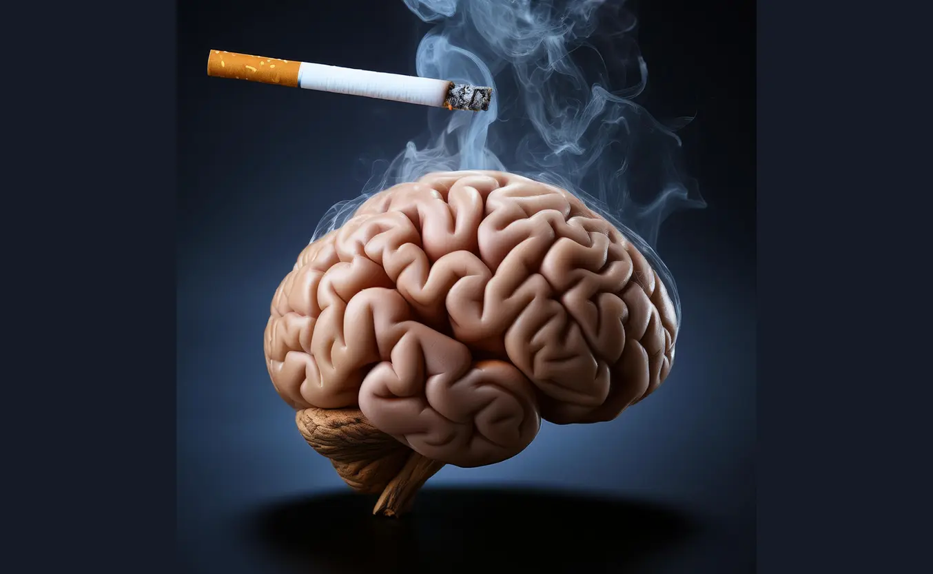 Smoking cigarette above a brain model with smoke rising.