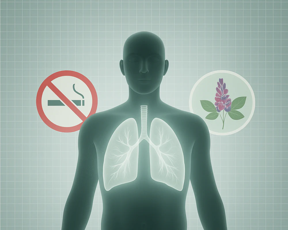 Silhouette with lungs, no-smoking sign, and flower illustration on a grid background.