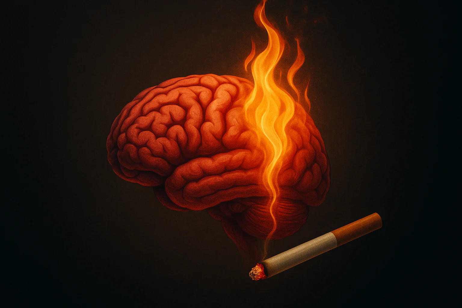 Illustration of a brain with a burning cigarette causing flames.