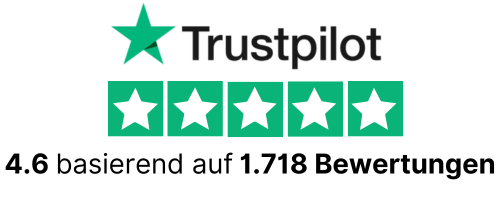 Trustpilot logo with four and a half stars, 4.6 rating, 1.718 reviews in German.